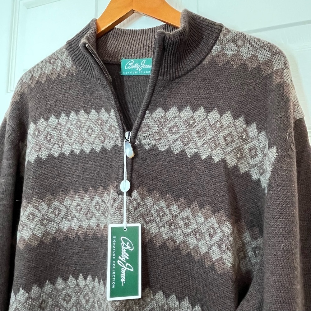 NWT Bobby Jones Signature Brown Patterned 1/4 Zip-Up 100% Wool Sweater Size XL